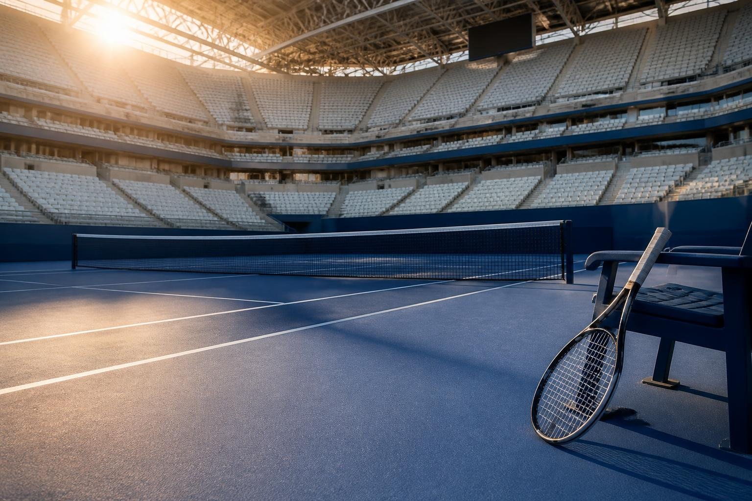 Quadra azul vazia do estádio Arthur Ashe, em Nova York, com raquete de tênis apoiada perto da rede sob luz de fim de tarde