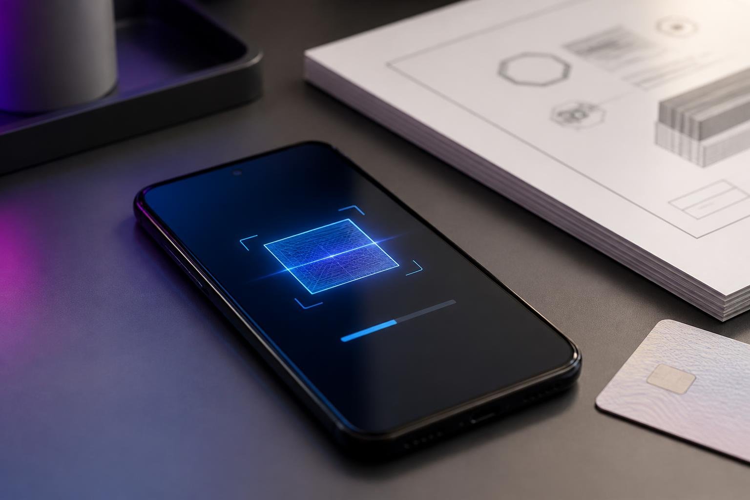 Celular sobre mesa ao lado de documento da norma técnica e cartão de identificação, com tela exibindo interface abstrata de validação