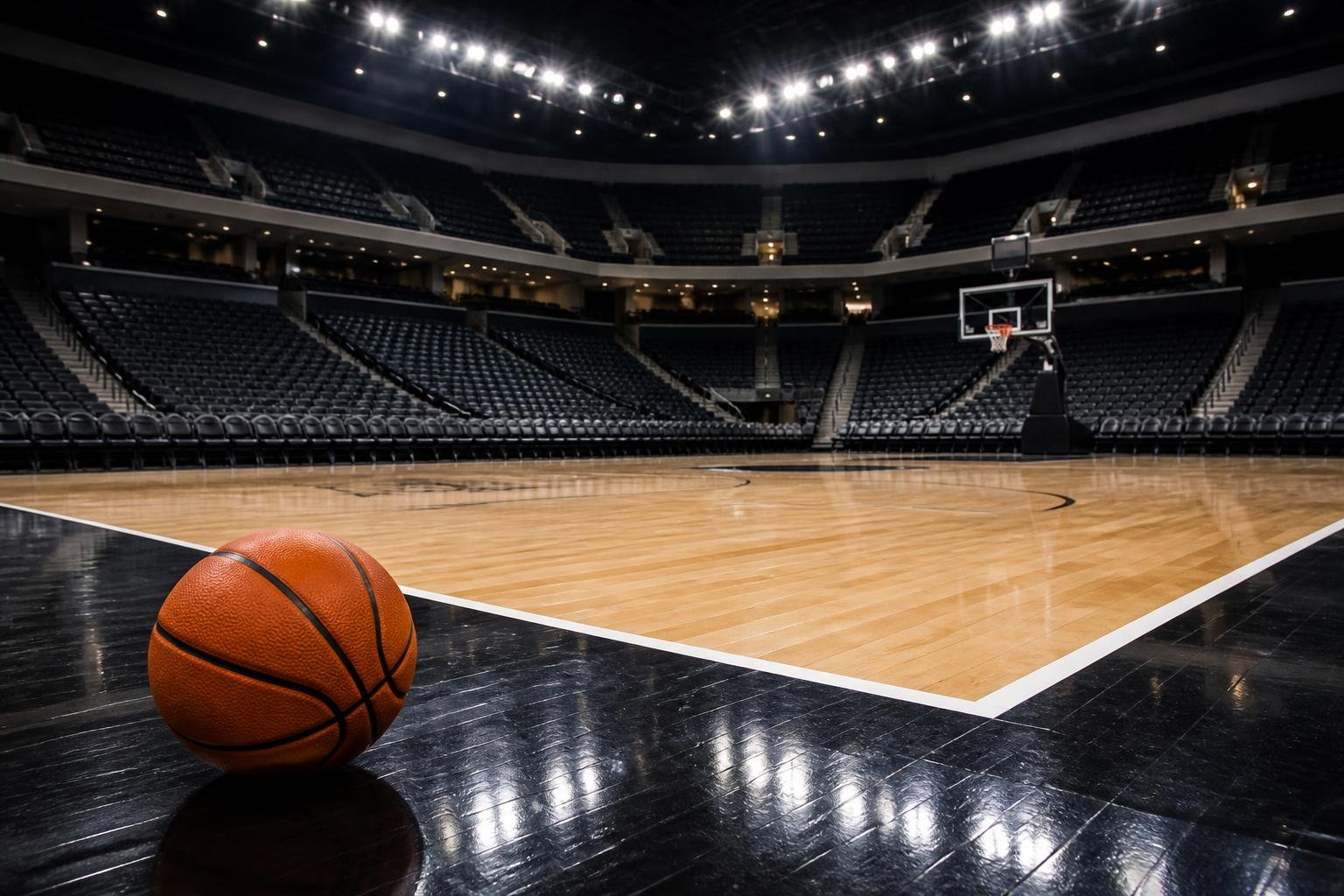 Quadra de basquete iluminada com bola parada perto da linha lateral e arquibancada vazia ao fundo
