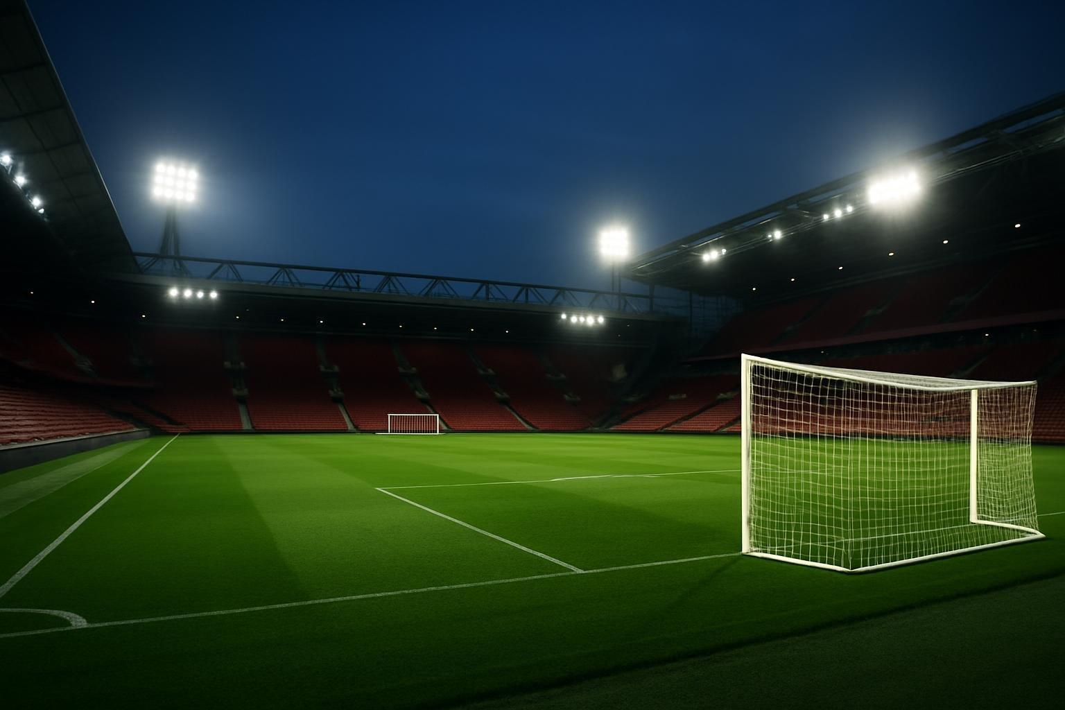 Estádio de futebol inglês vazio com gramado verde iluminado pelos refletores e arquibancadas ao redor