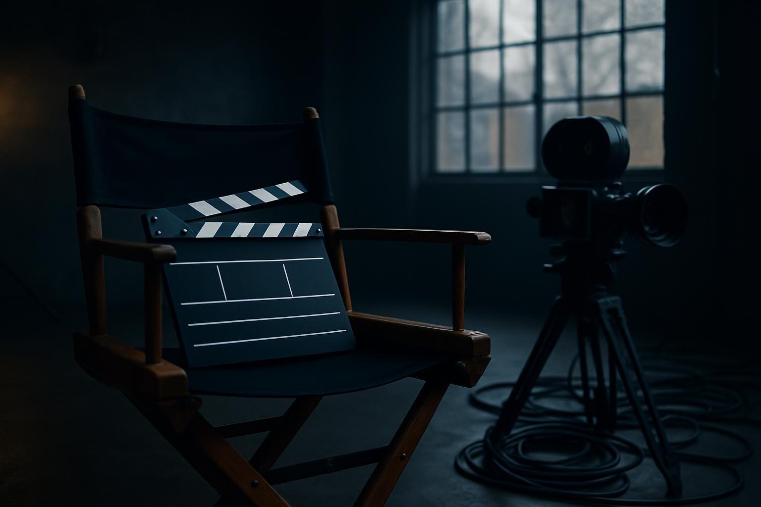 Claquete sobre cadeira de diretor em set de filmagem vazio em Londres, com câmera de cinema ao fundo