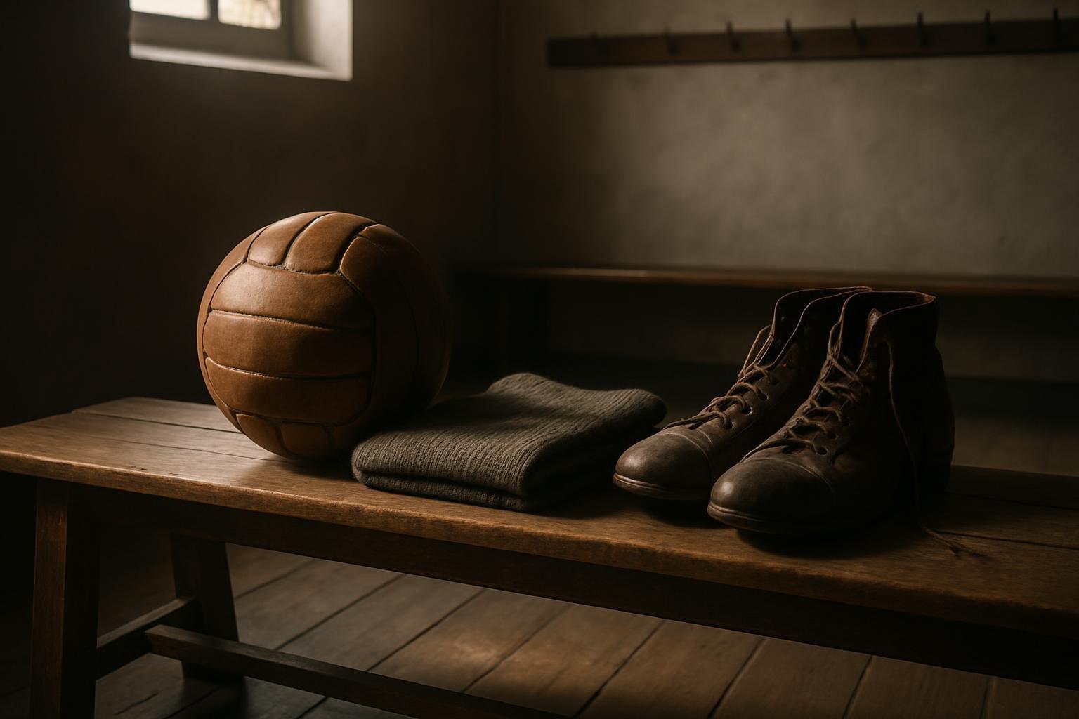 Bola de couro antiga, camisa de lã dobrada e chuteiras velhas sobre um banco de vestiário de madeira