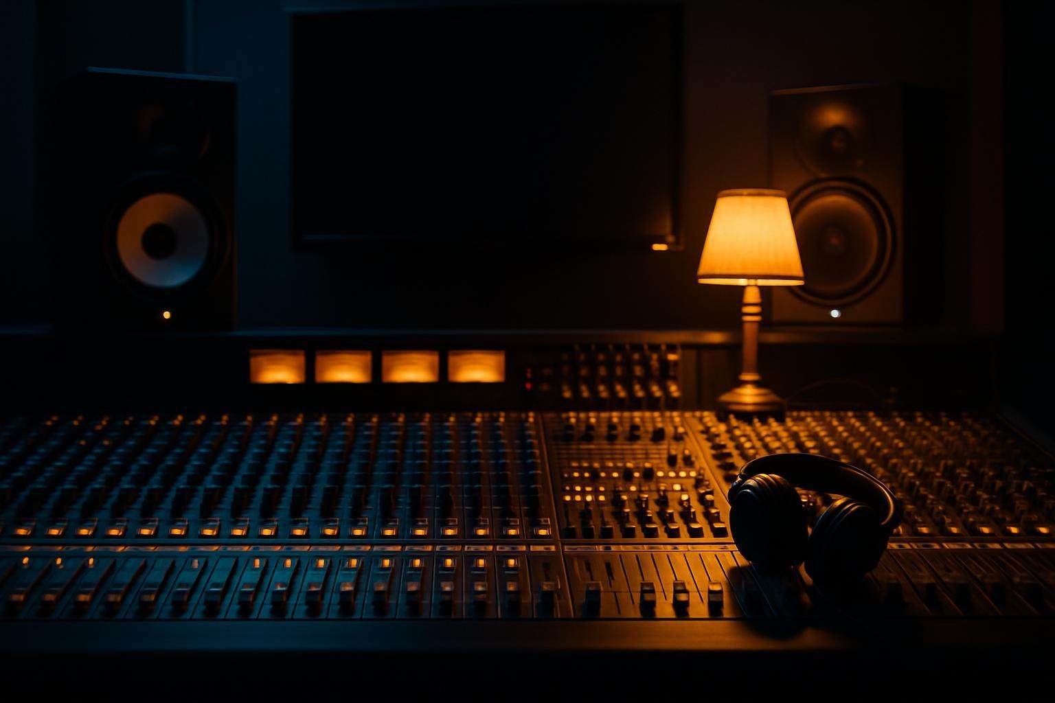 Mesa de mixagem de estúdio de gravação iluminada, com faders, medidores e fones de ouvido sobre o console