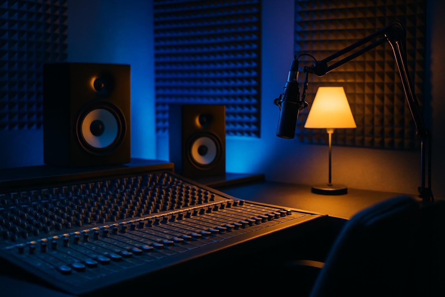 Estúdio de gravação com mesa de som, monitores e microfone, cenário do universo musical do BTS e do Grammy