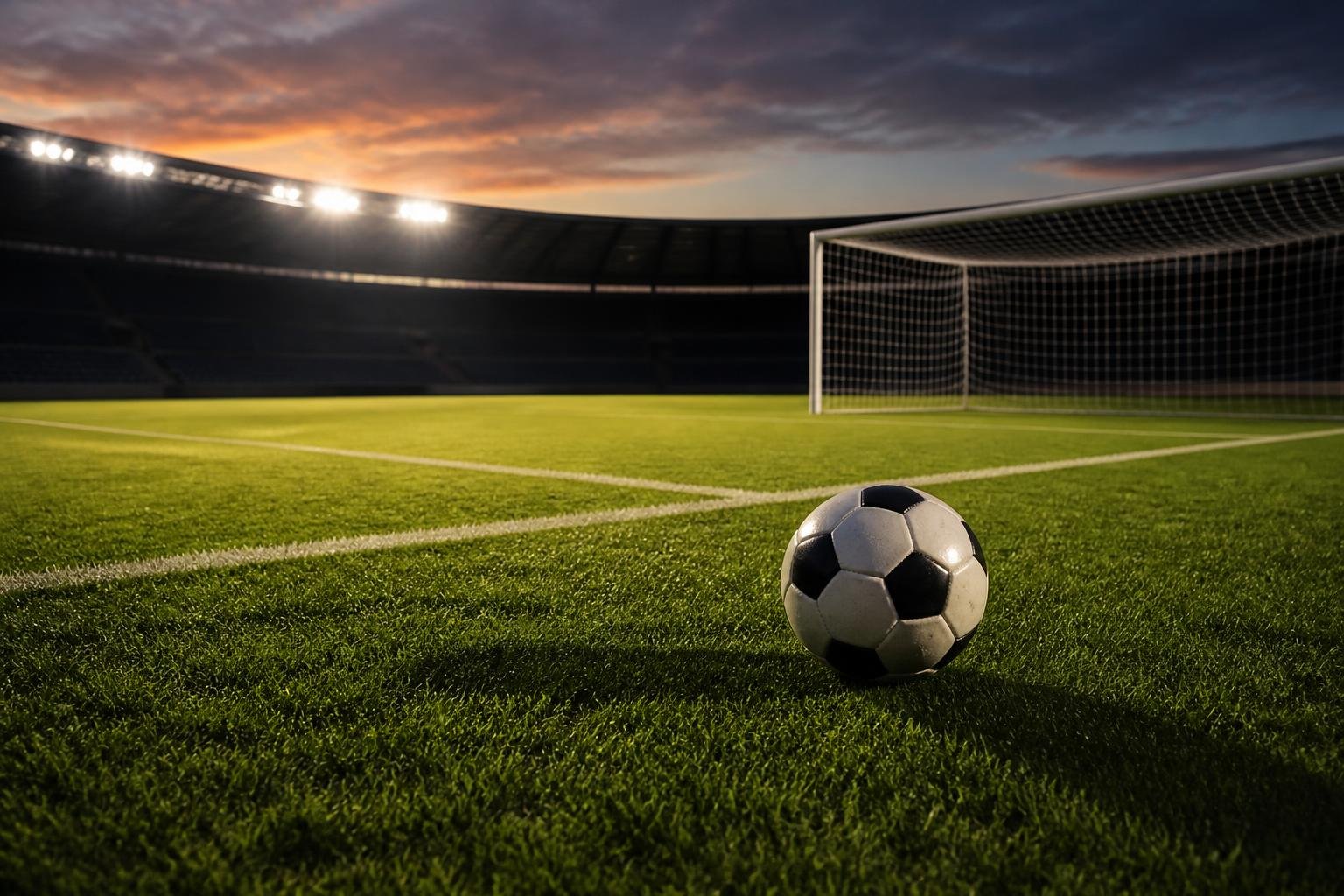 Bola de futebol parada no gramado de um estádio vazio sob a luz dos refletores ao anoitecer