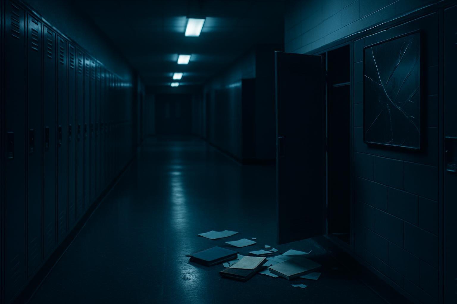 Corredor vazio de escola com armários metálicos, livros espalhados no chão e luz fria, remetendo ao ambiente da série Carrie