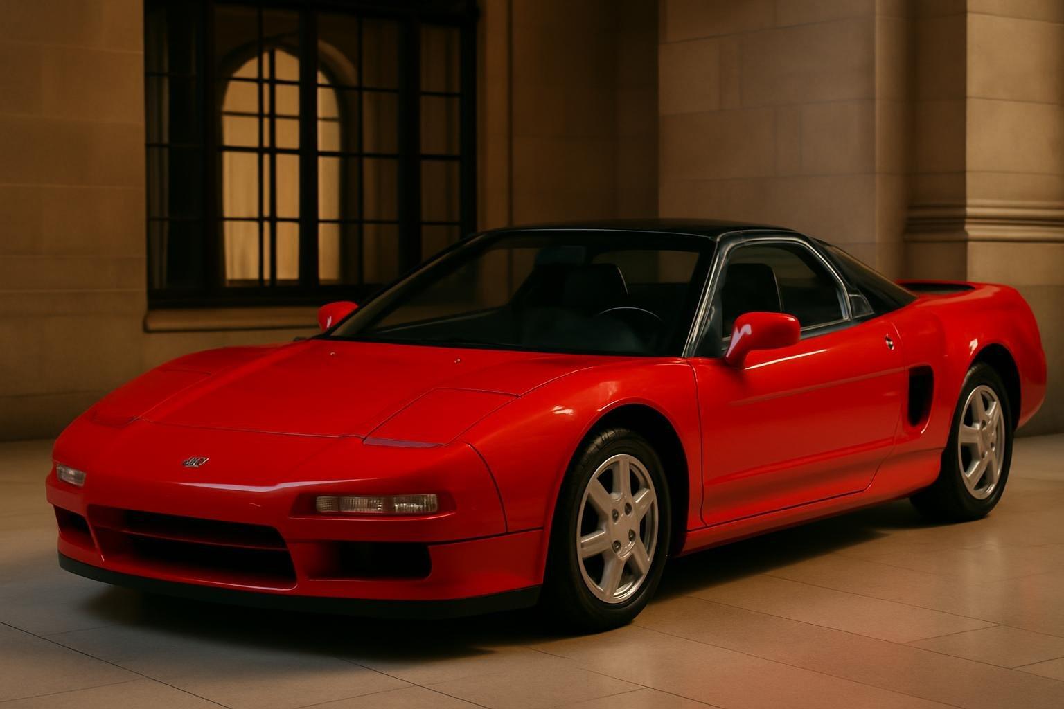 Honda NSX 1991 vermelho com teto preto exposto em salão de leilão, visto de frente em ângulo