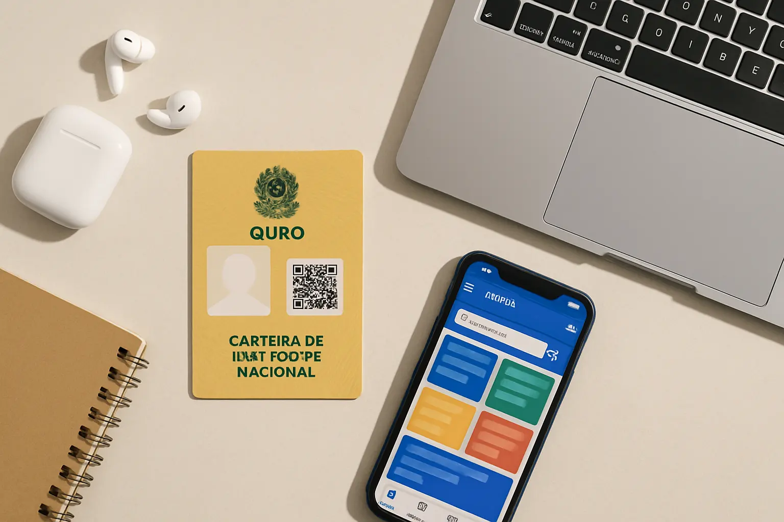Carteira de Identidade Nacional impressa com QR code visível ao lado de um celular exibindo o aplicativo GOV.BR