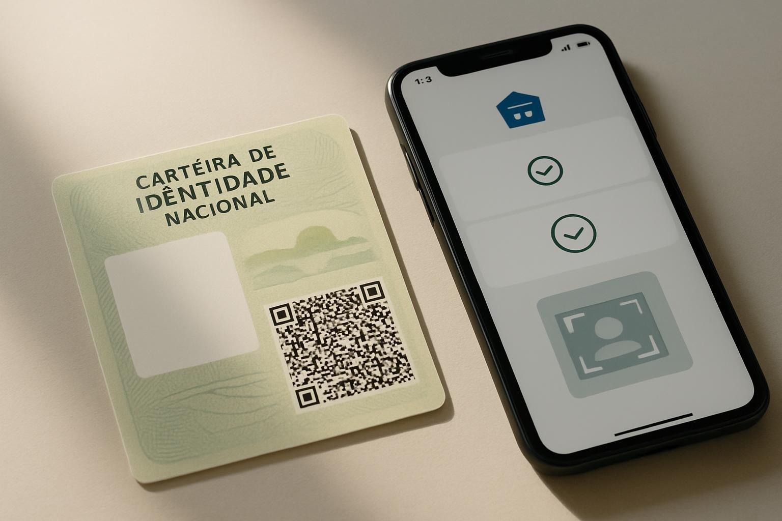 Carteira de Identidade Nacional ao lado de celular com tela de verificação do GOV.BR