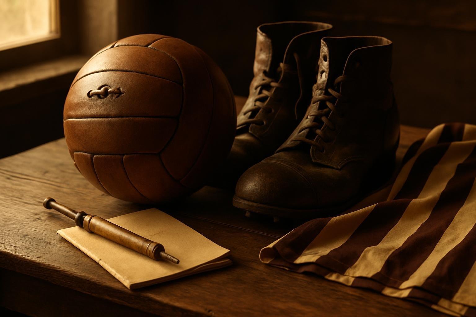 Bola de couro antiga, chuteiras, livro de regras, bomba de encher e uniformes sobre mesa de madeira em ambiente de época