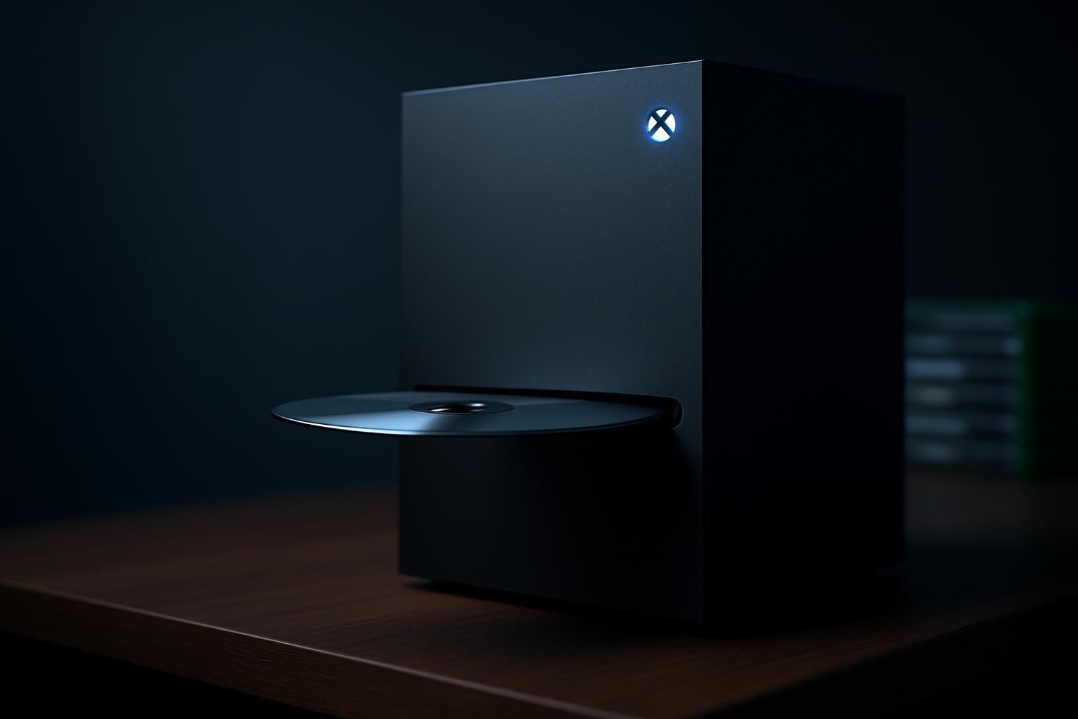 Console Xbox Series X com disco de jogo inserido no leitor, em prateleira de madeira com capas de jogos ao fundo