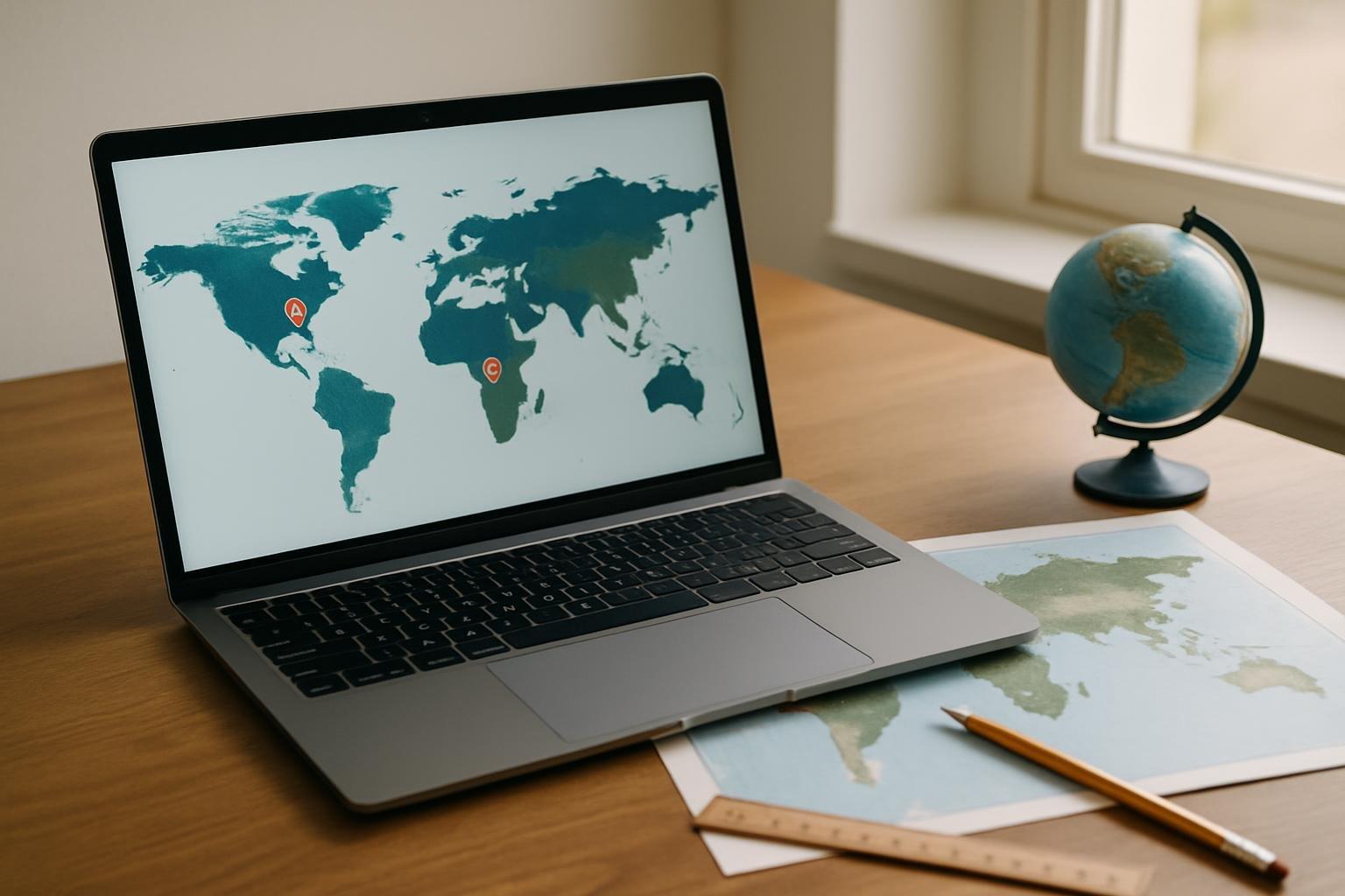 Notebook em uma mesa exibe dois mapas lado a lado com pontos opostos, ao lado de mapa impresso, régua e lápis