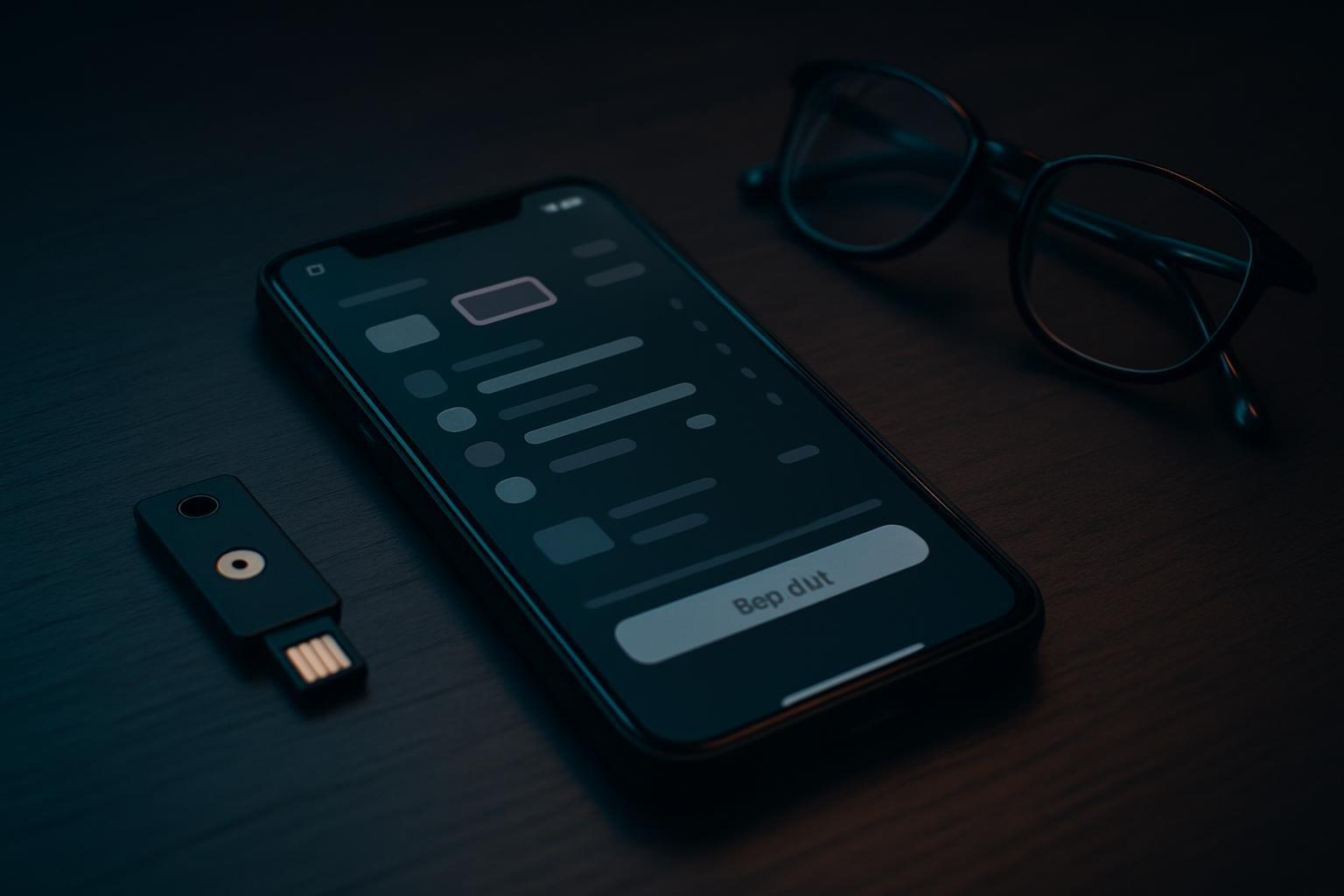 Celular sobre mesa escura exibindo tela de aparelhos conectados do WhatsApp ao lado de chave de segurança e óculos