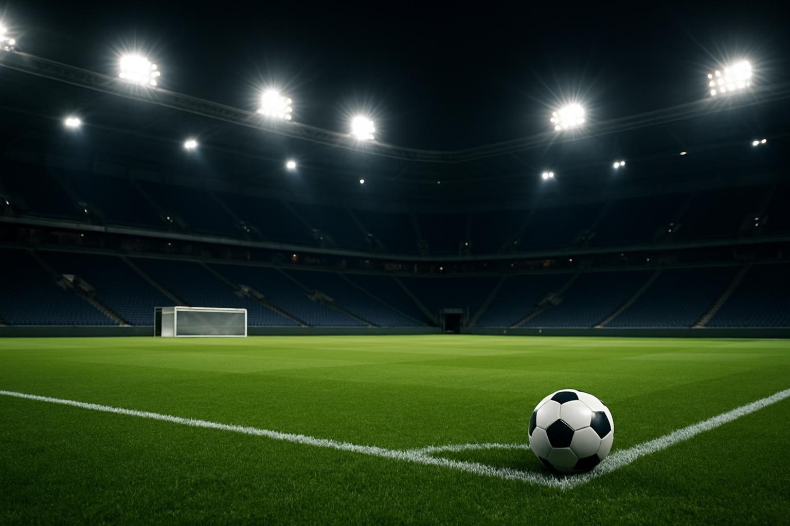 Estádio de futebol europeu iluminado à noite, com o gramado, o gol e as arquibancadas vazias ao fundo