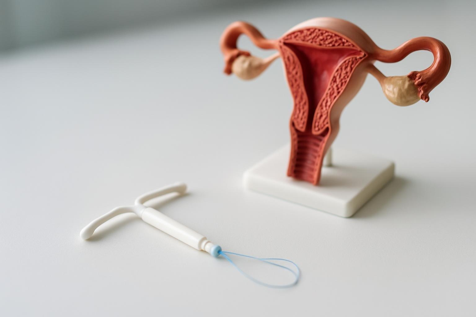 DIU hormonal sobre bancada clínica ao lado de modelo anatômico de útero, em luz suave de consultório