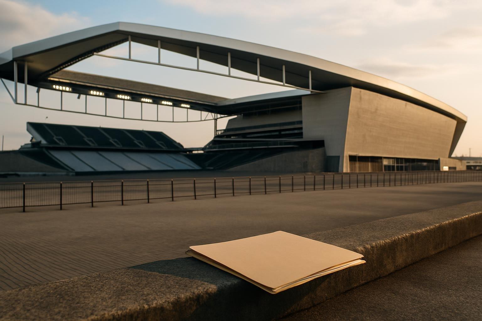 Estádio da Neo Química Arena, em Itaquera, visto de fora, com uma pasta de documentos sobre uma mureta de concreto na praça vazia