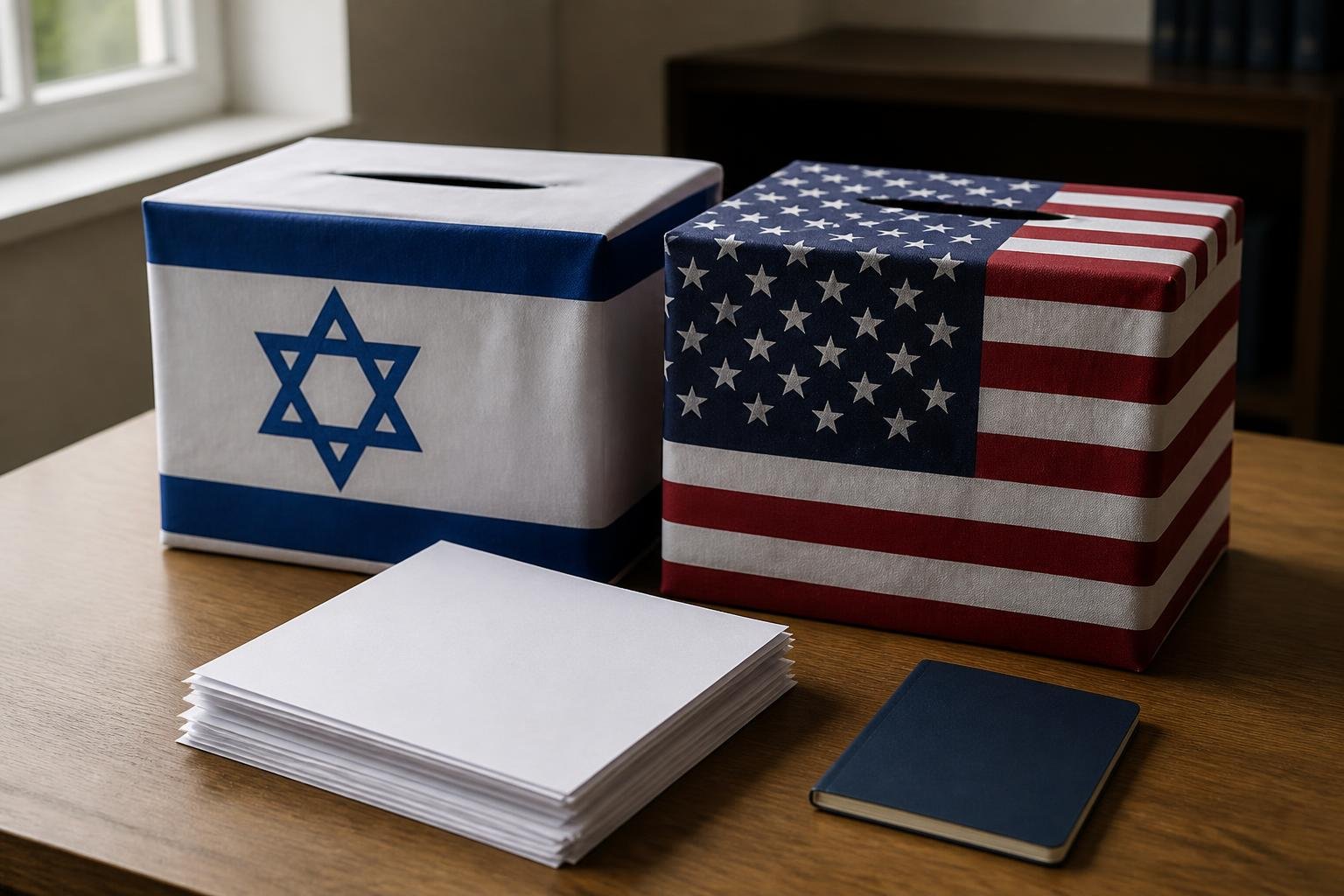 Duas urnas lado a lado com bandeiras de Israel e dos EUA e cédulas de votação sobre uma mesa