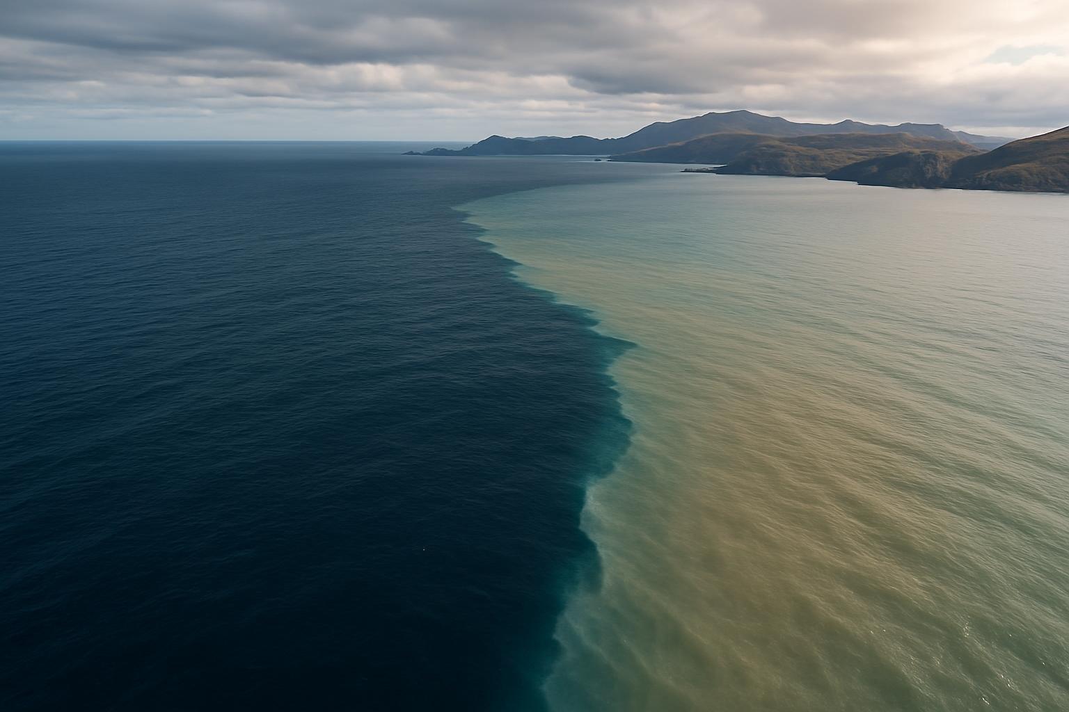 Águas escuras do oceano aberto encontram uma corrente mais clara no Estreito de Drake, ao sul do Cabo Horn
