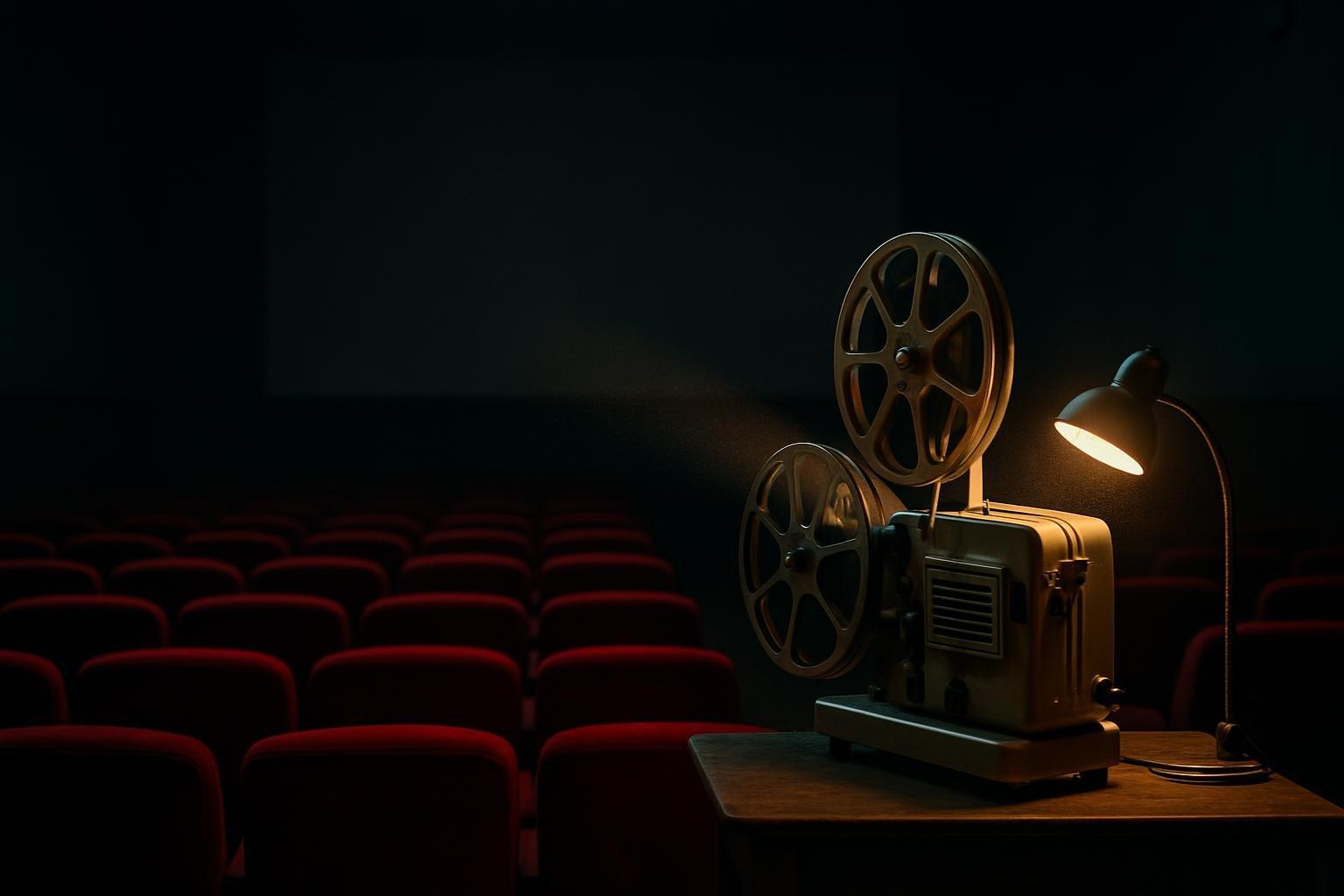 Sala de cinema vazia com poltronas vermelhas e um projetor de filme antigo sobre a mesa
