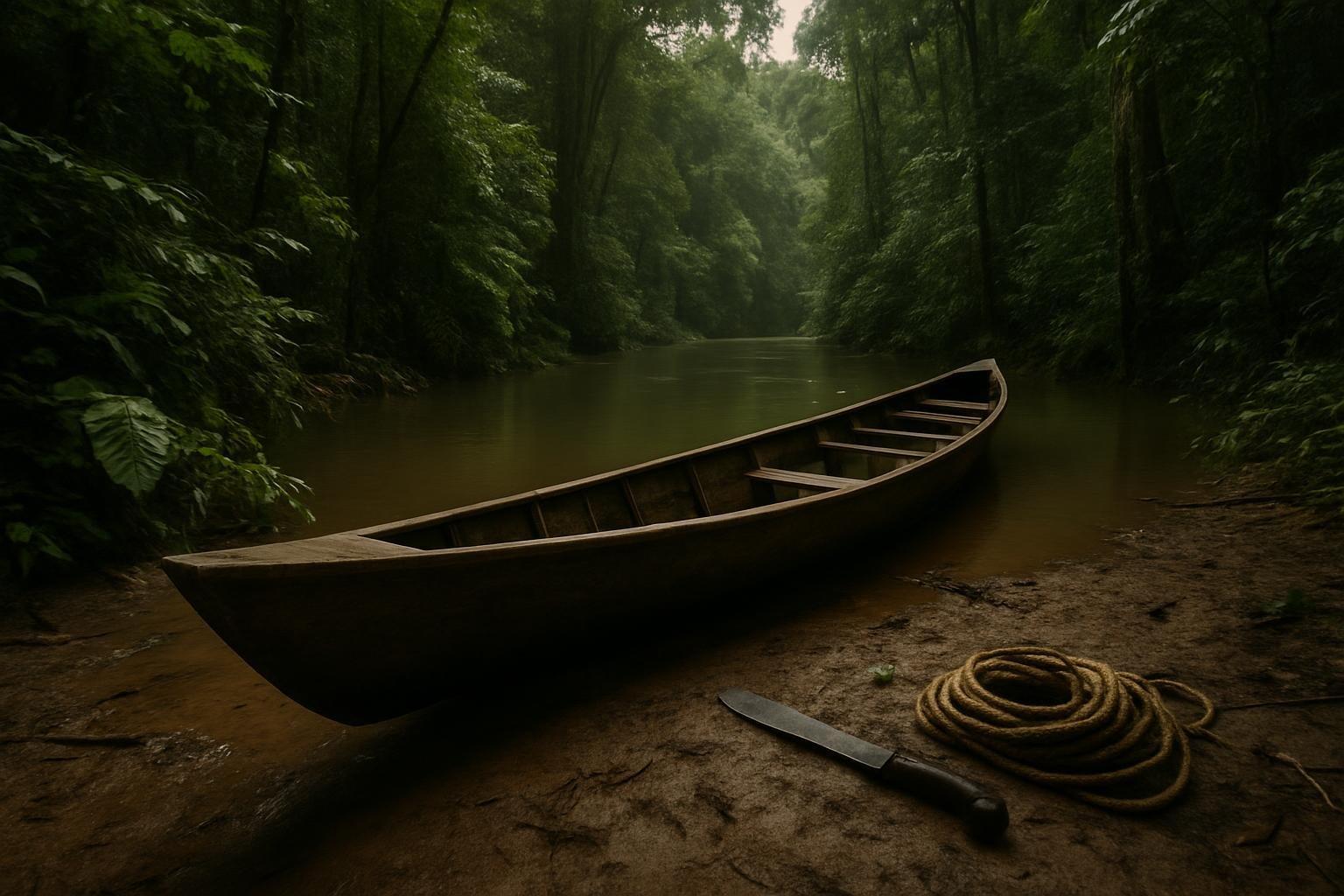 Canoa de madeira em margem de rio na selva amazônica, com facão e corda no chão, cercada por vegetação densa