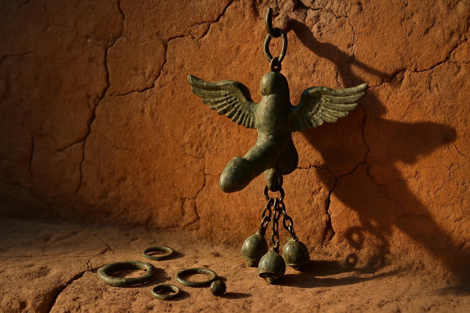 Amuleto romano de bronze em forma de falo alado pendurado como sino de vento em parede de ruína antiga