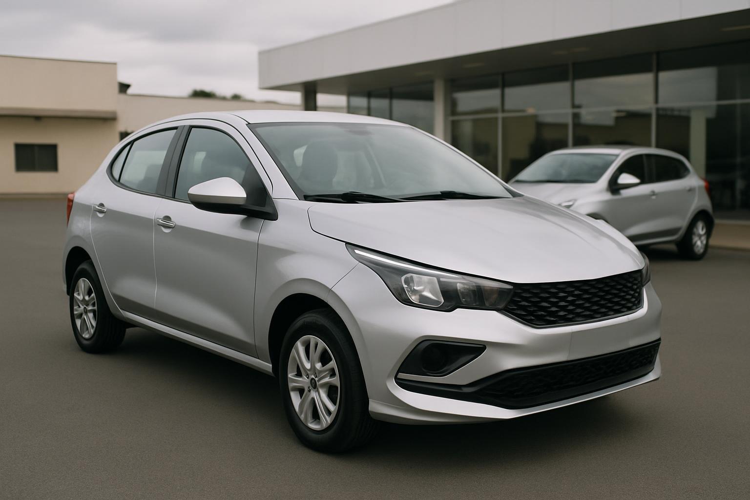 Dois hatchbacks compactos estacionados lado a lado no pátio de uma concessionária, em dia nublado
