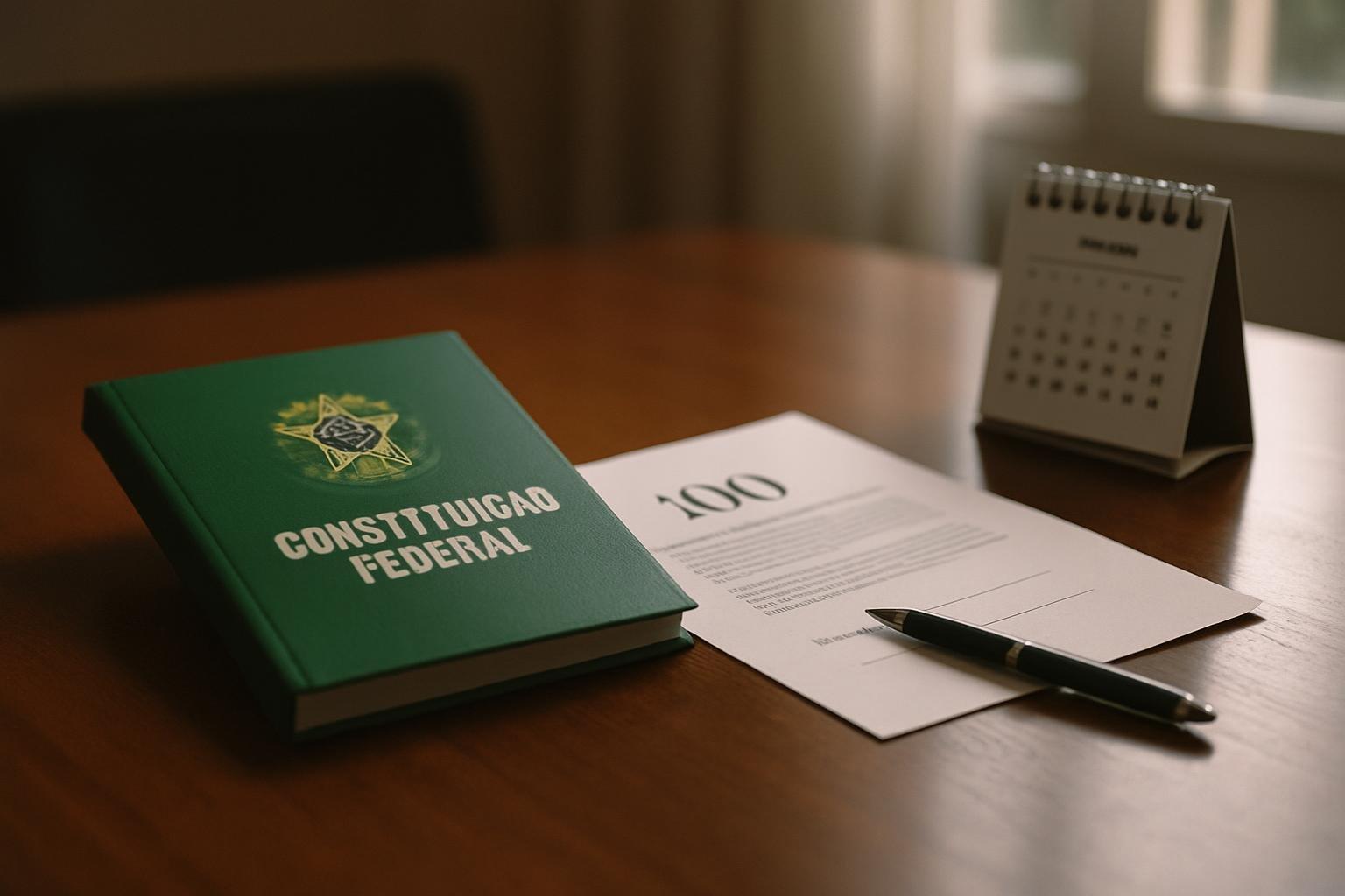 Constituição aberta e documento da PEC sobre mesa de gabinete, com caneta e calendário ao lado