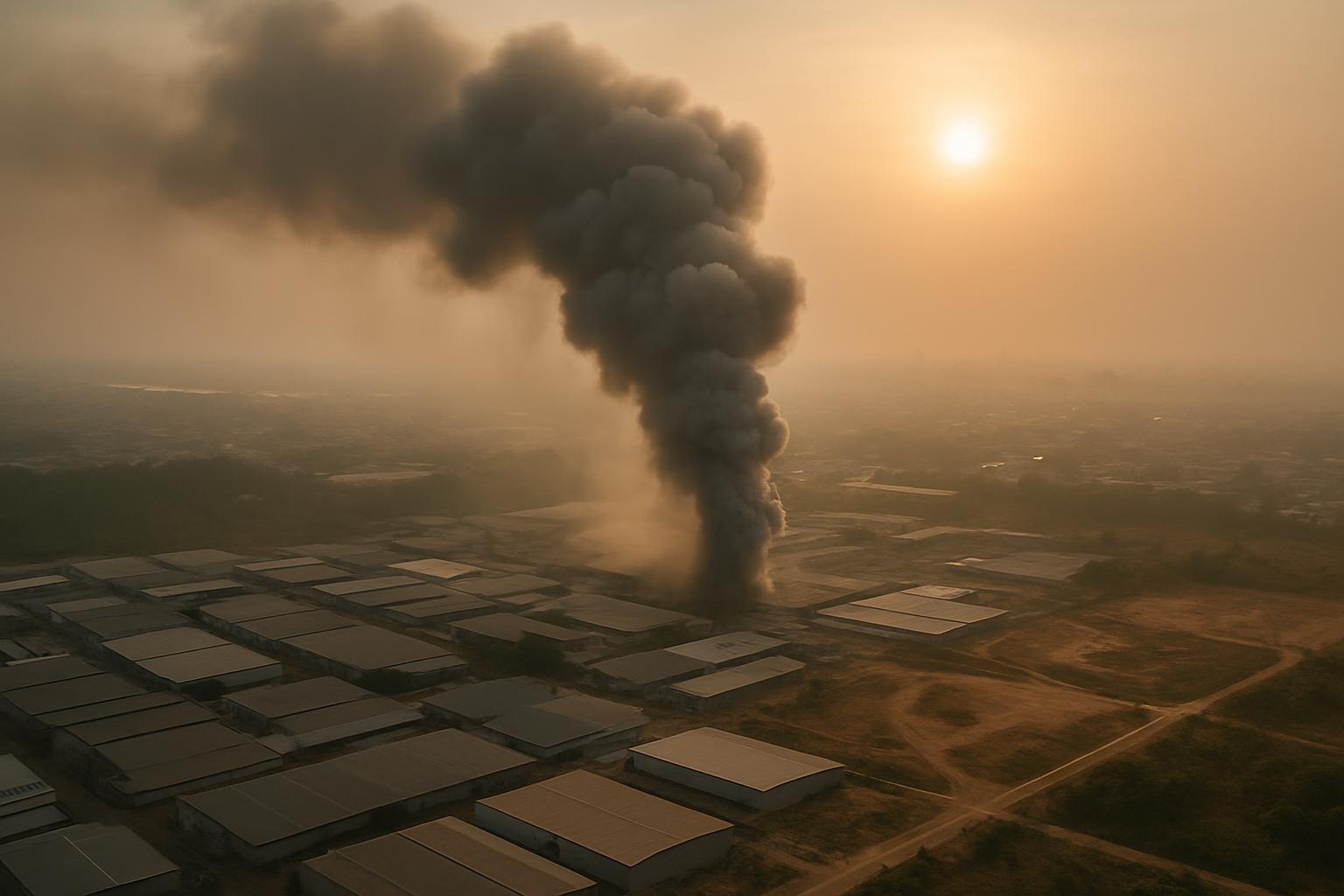 Nuvem densa de fumaça cobre área industrial na Zona Leste de Manaus durante seca extrema