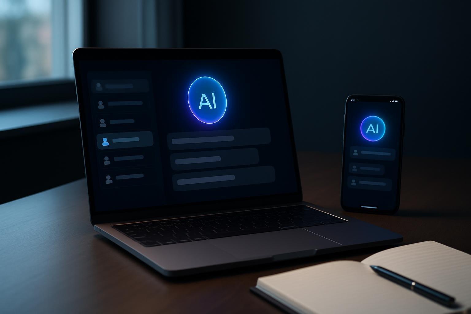 Notebook e celular exibindo a interface de assistente de IA com perfis personalizados salvos, sobre uma mesa de trabalho