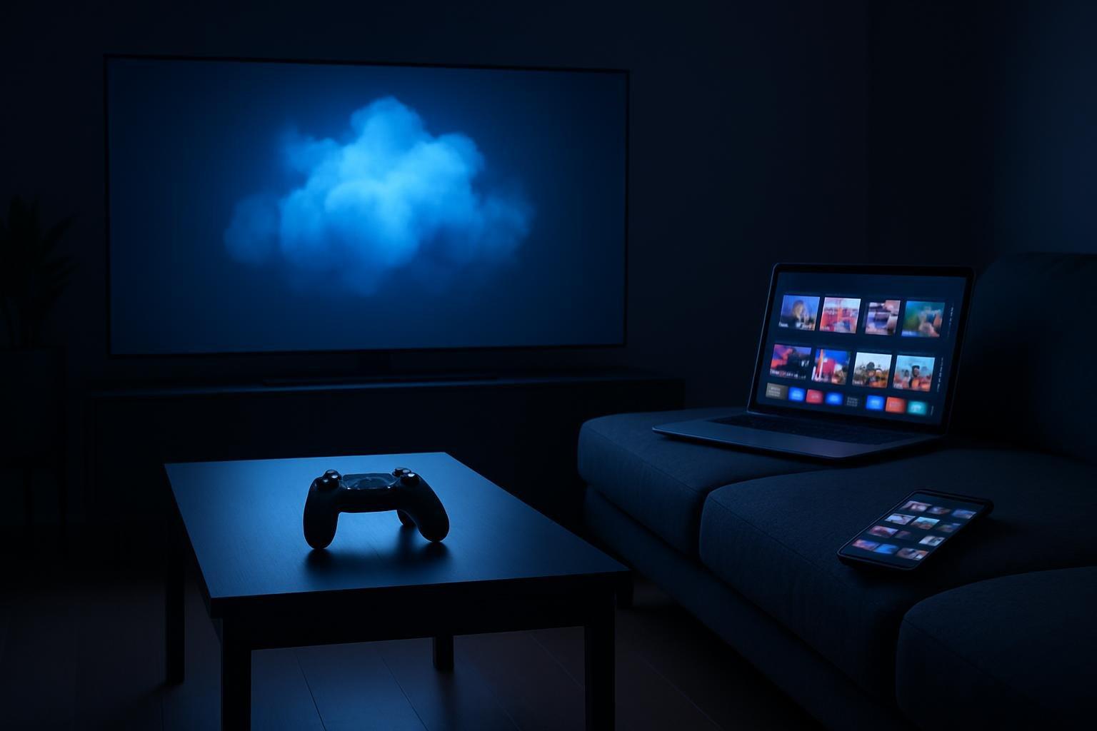 Sala com TV exibindo interface de nuvem de jogos, controle sobre a mesa e celular e notebook no sofá