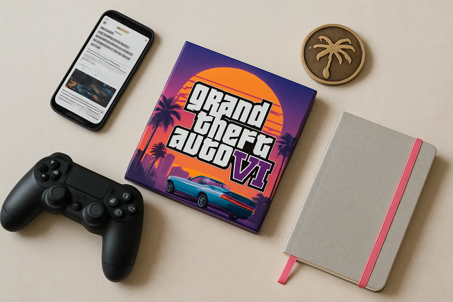Caixa de edição de colecionador de GTA 6 sem jogo ao lado de controle e capa do game, fundo escuro