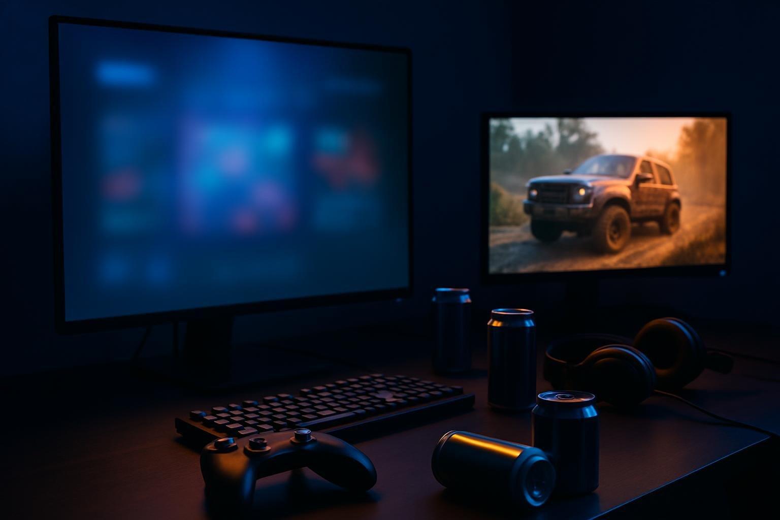 Sala de jogos à noite com monitor exibindo interface de jogo desfocada, controle e teclado sobre a mesa