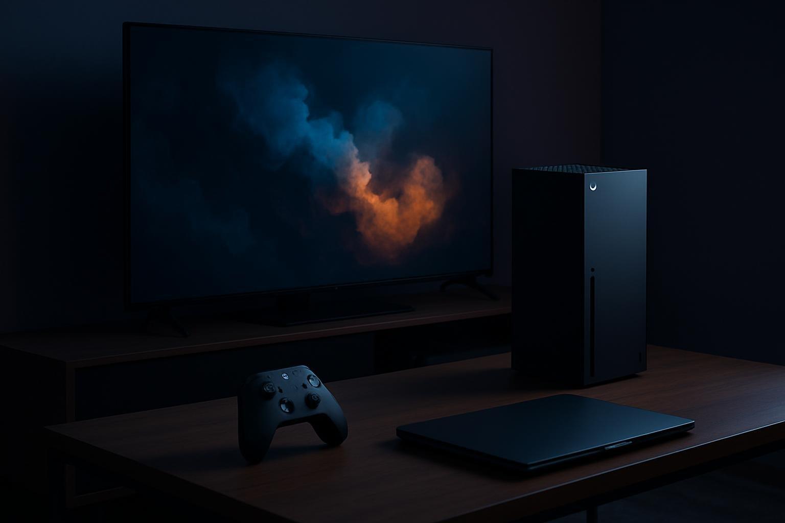 Console Xbox Series X ao lado de TV com interface de nuvem e controle sem fio em uma sala, representando o lançamento de GTA 6