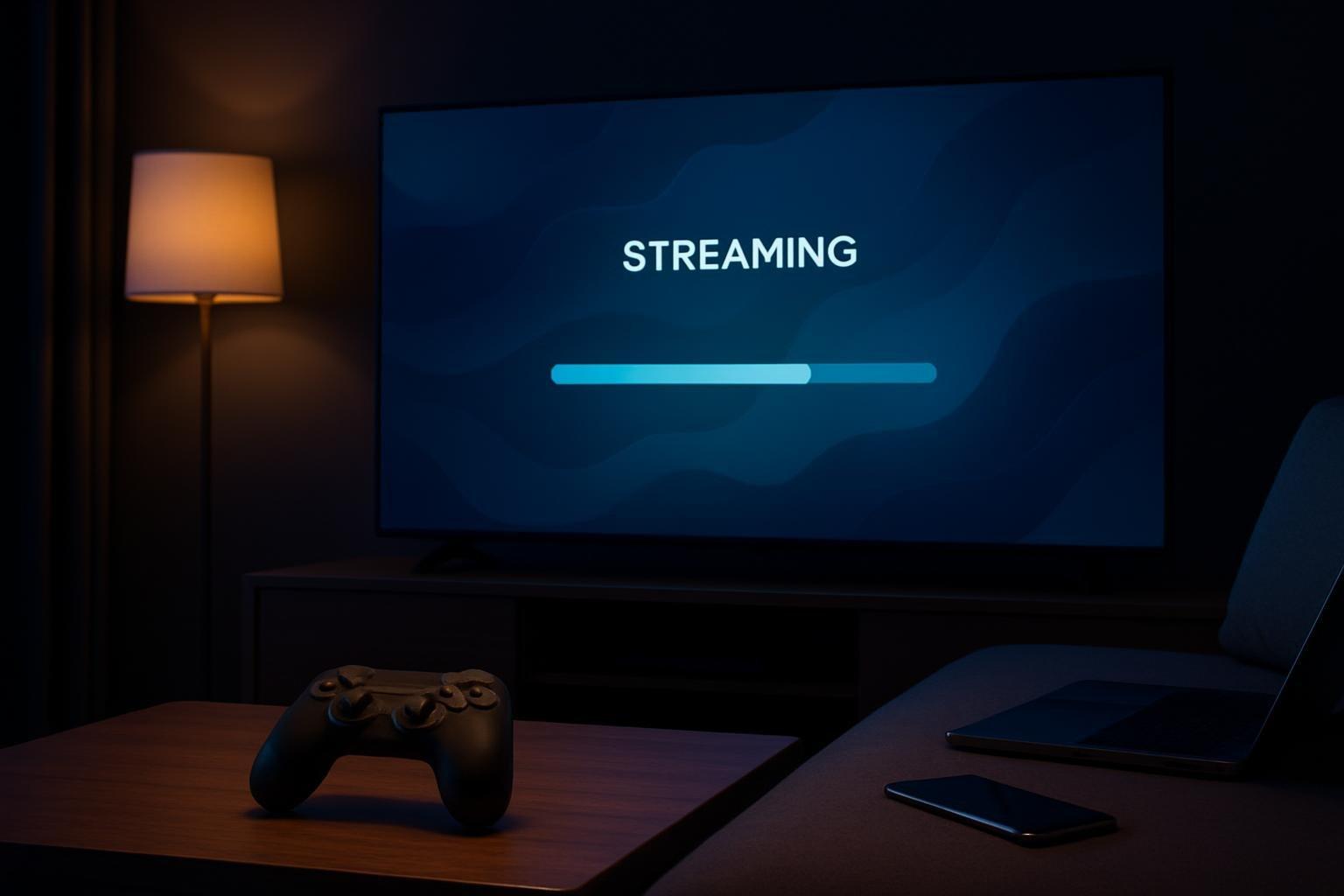 TV exibindo interface de streaming com controle de videogame sobre a mesa e aparelhos ao redor