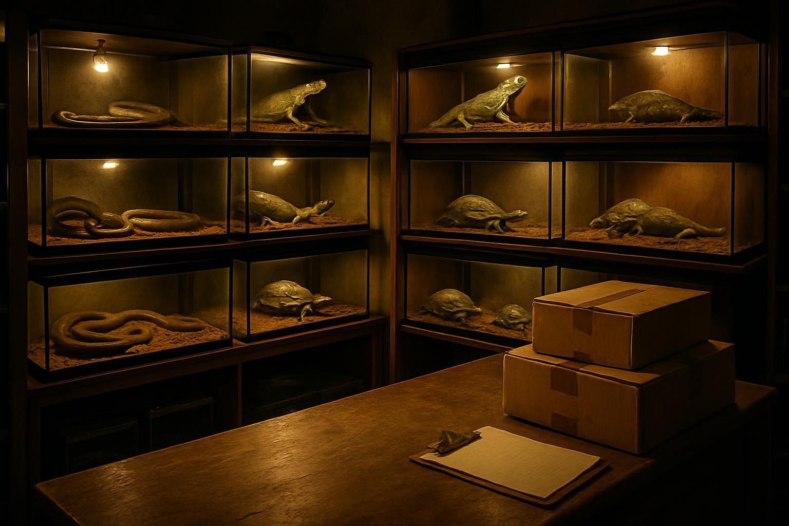 Loja antiga de répteis com terrários de vidro cheios de cobras, iguanas e tartarugas sob luz quente