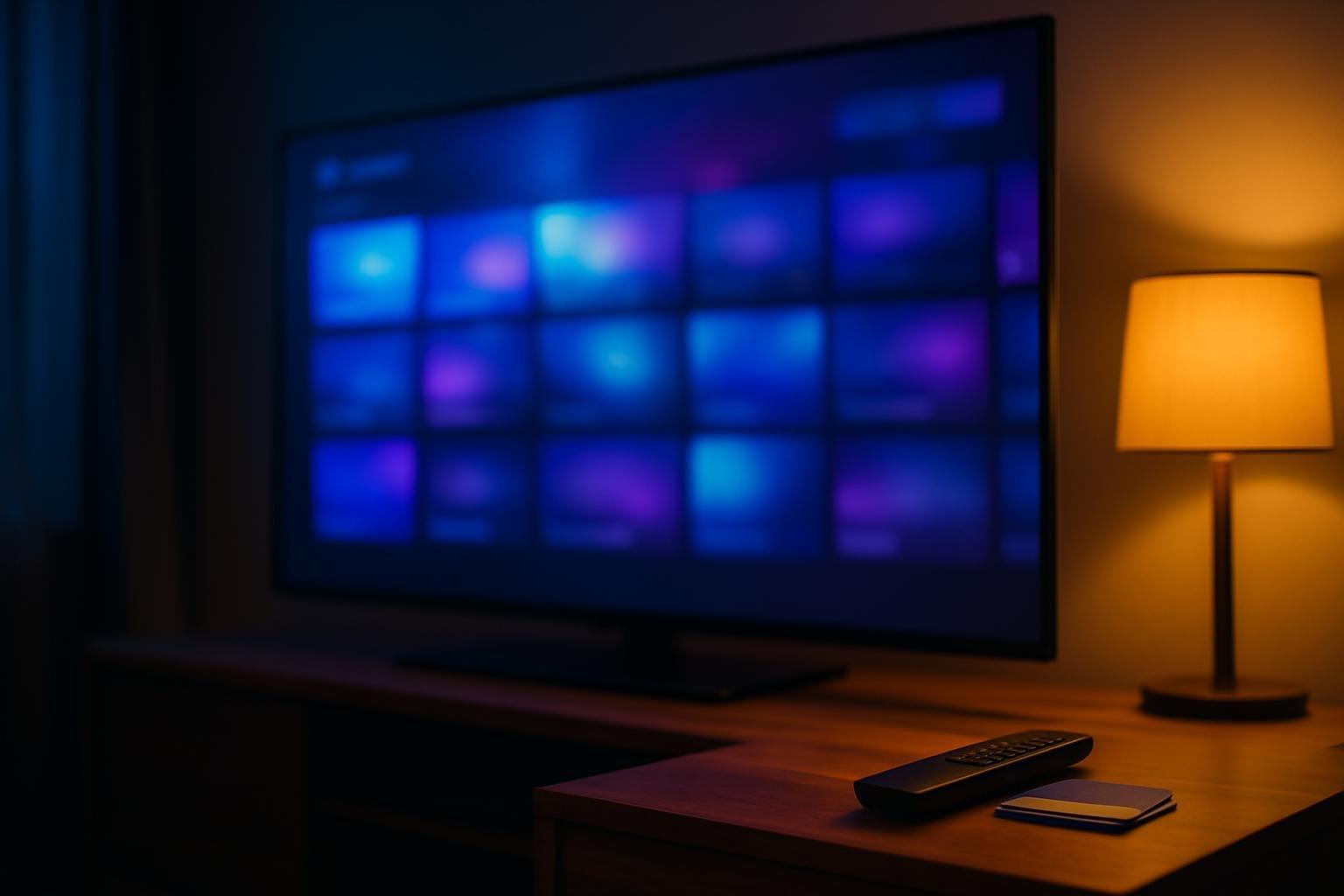TV ligada em sala de estar mostra interface abstrata de streaming ao lado de controle remoto e cartões de assinatura