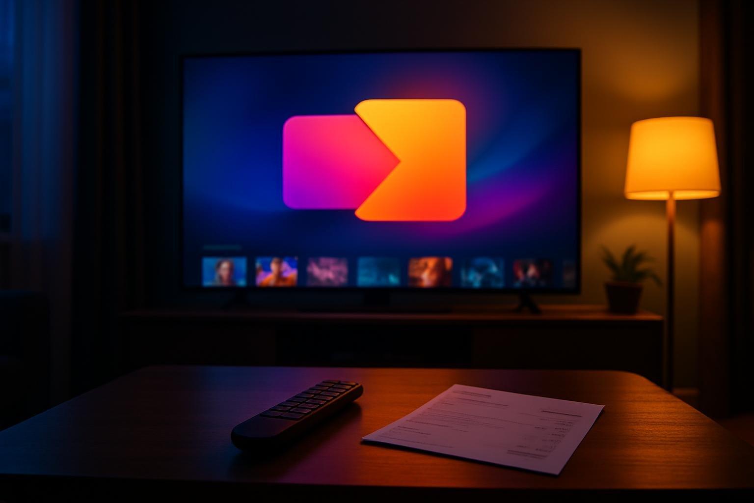 Sala com TV mostrando interface de streaming unificada e controle remoto sobre a mesa