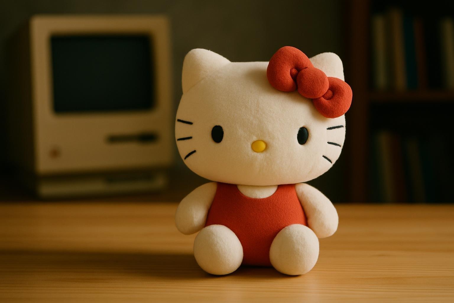Ilustração da Hello Kitty sem boca, com seu laço vermelho e macacão azul, sobre fundo rosa claro com elementos gráficos