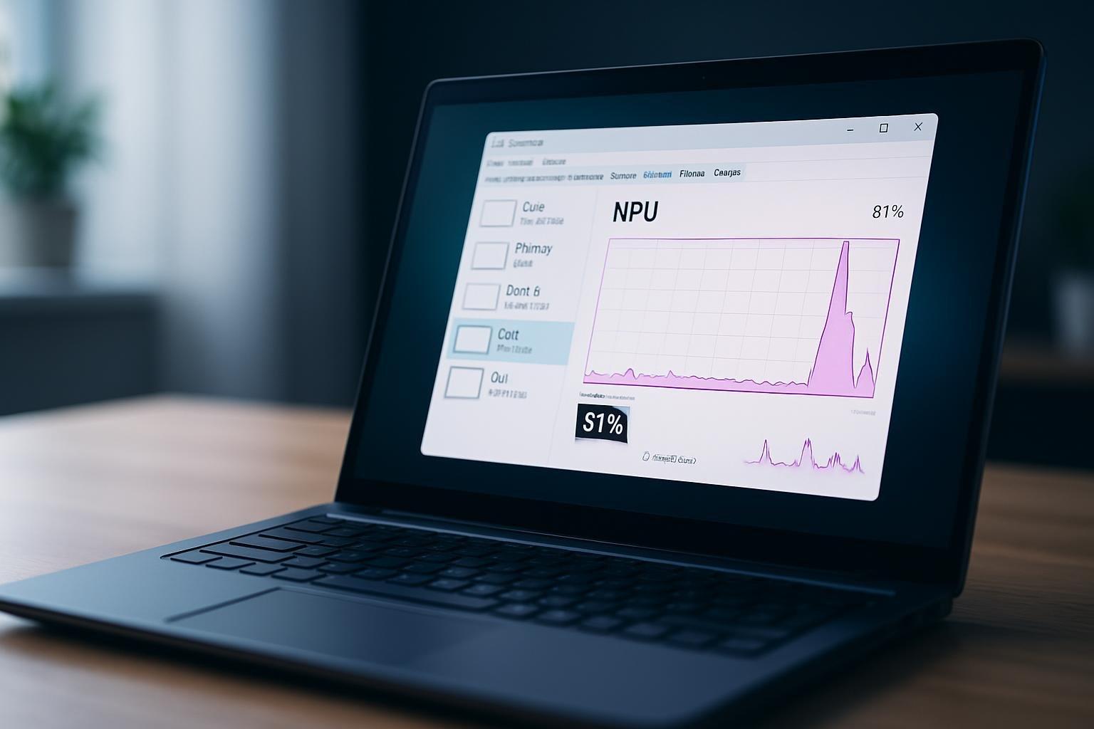 Tela do Gerenciador de Tarefas do Windows mostrando o gráfico de desempenho da NPU em um notebook sobre a mesa