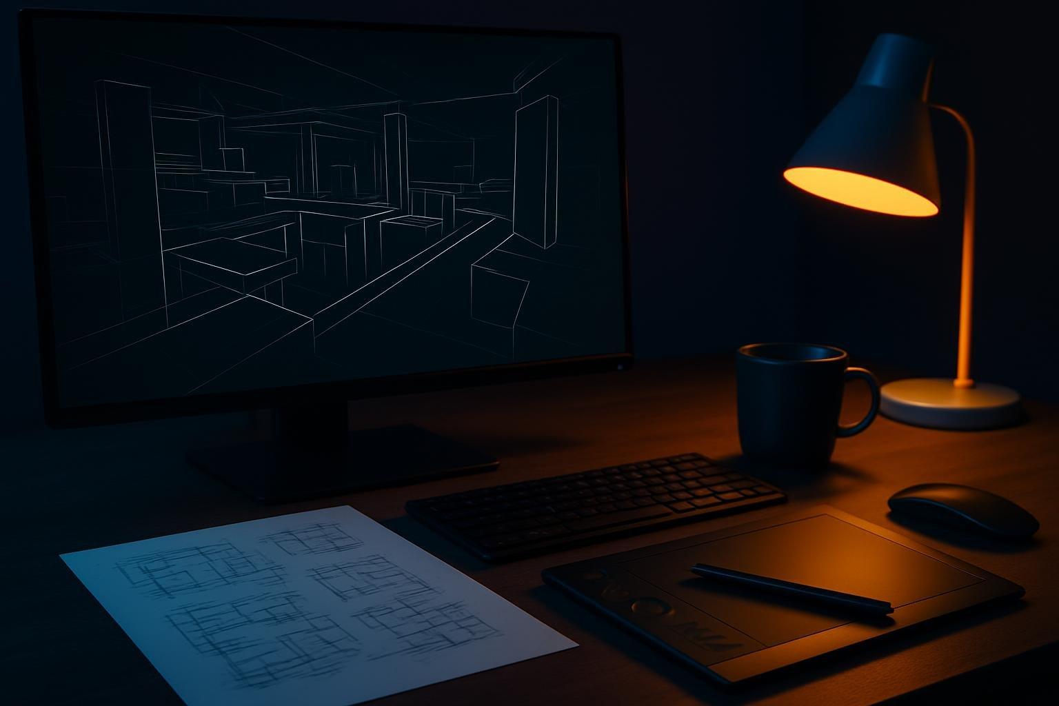 Estação de trabalho de estúdio de games com monitor exibindo wireframe de cenário e mesa digitalizadora ao lado do teclado