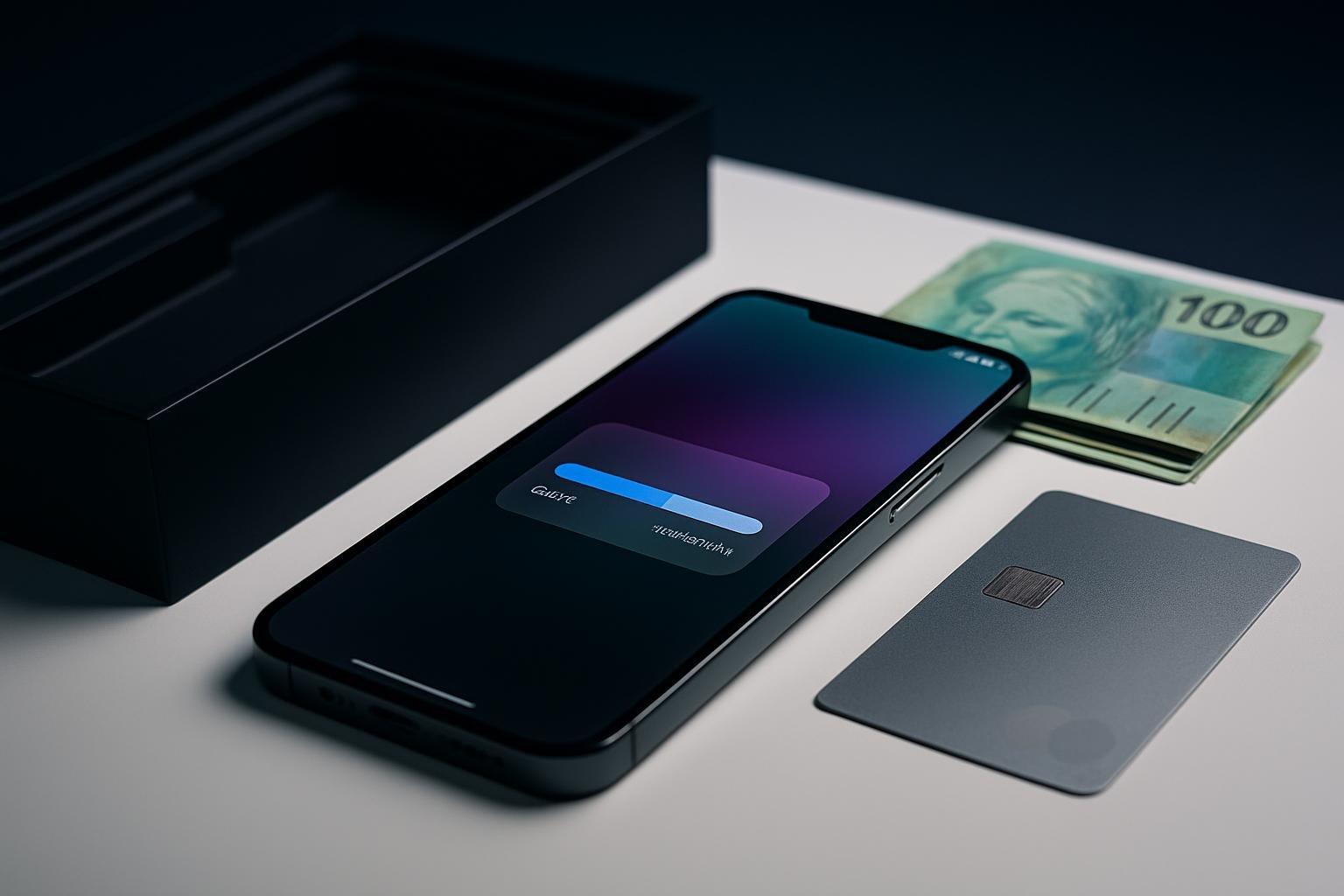 Smartphone premium sobre mesa branca ao lado da caixa, cédulas de real e cartão de crédito, com tela mostrando interface de armazenamento