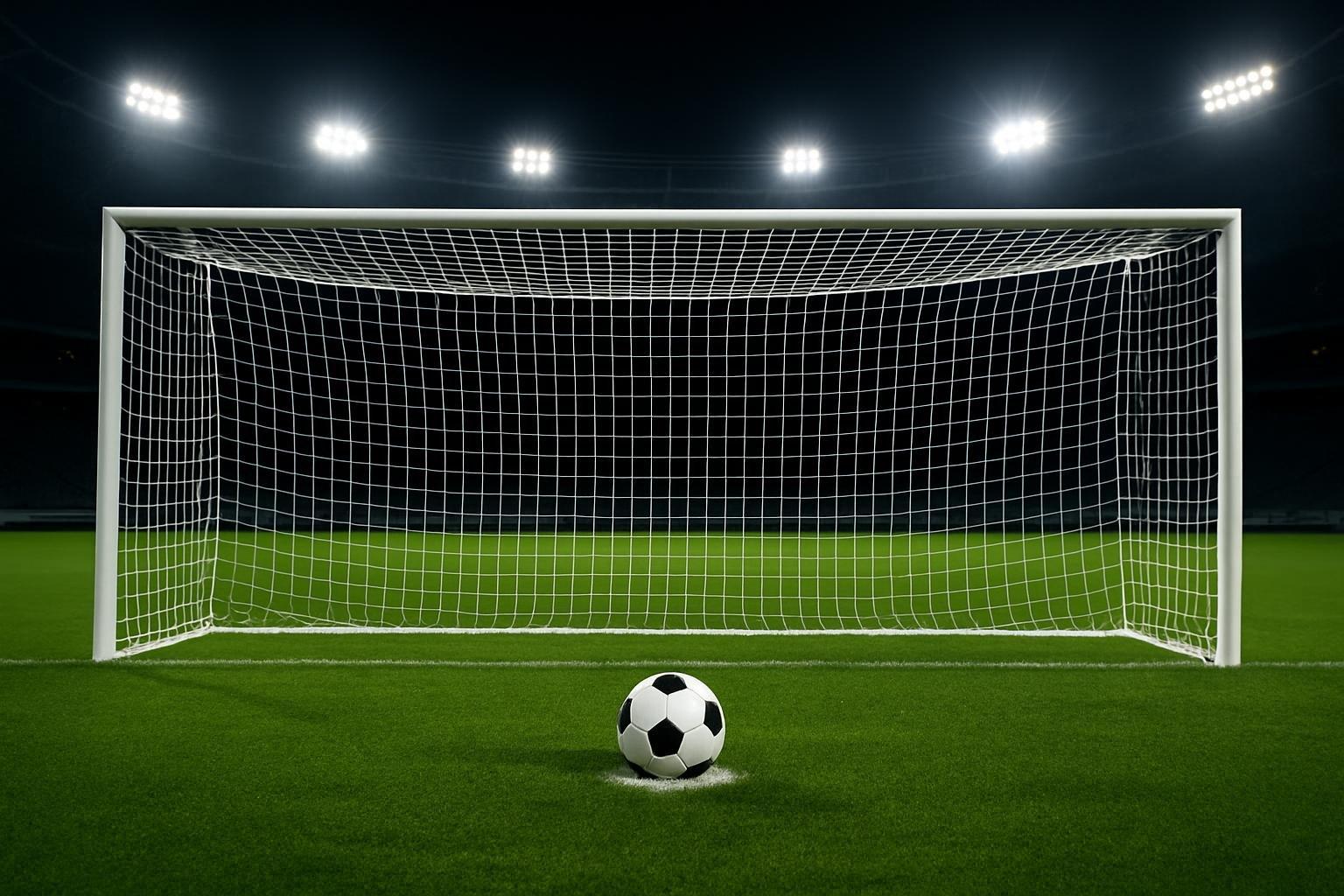 Bola de futebol parada na marca do pênalti diante do gol vazio em estádio iluminado à noite