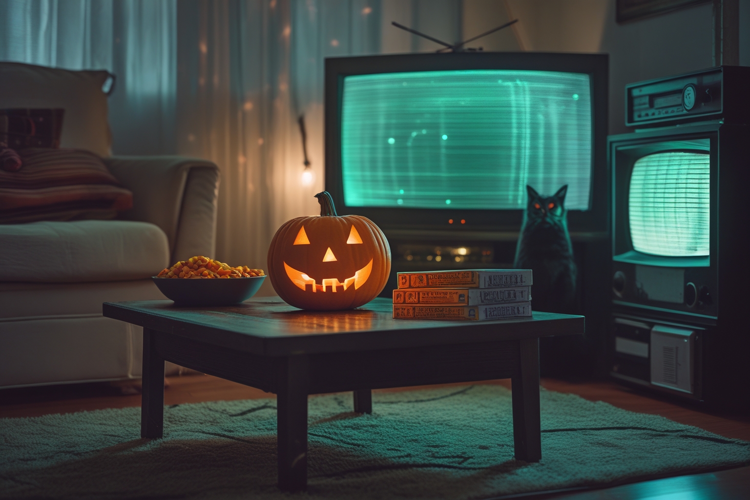Abóbora de Halloween iluminada em sala escura com fitas de terror e TV com estática ao fundo