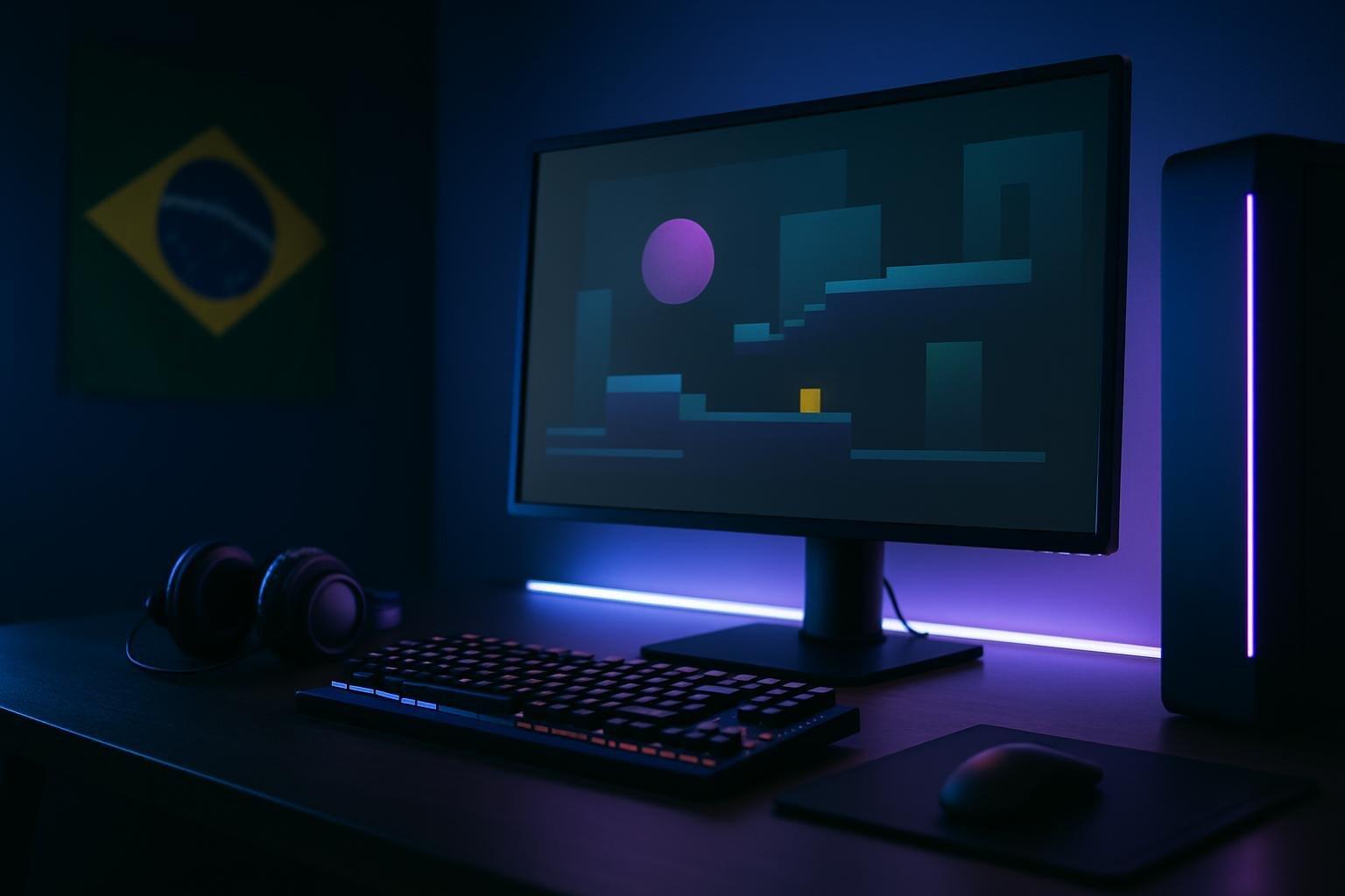 Estação de trabalho de desenvolvedor de games com computador, teclado, headset e mesa digitalizadora em estúdio iluminado por LEDs.