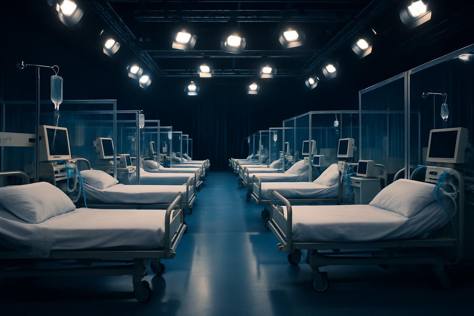 Hospital de campanha cenográfico com leitos de enfermaria, respiradores e divisórias de plástico nos Estúdios Globo