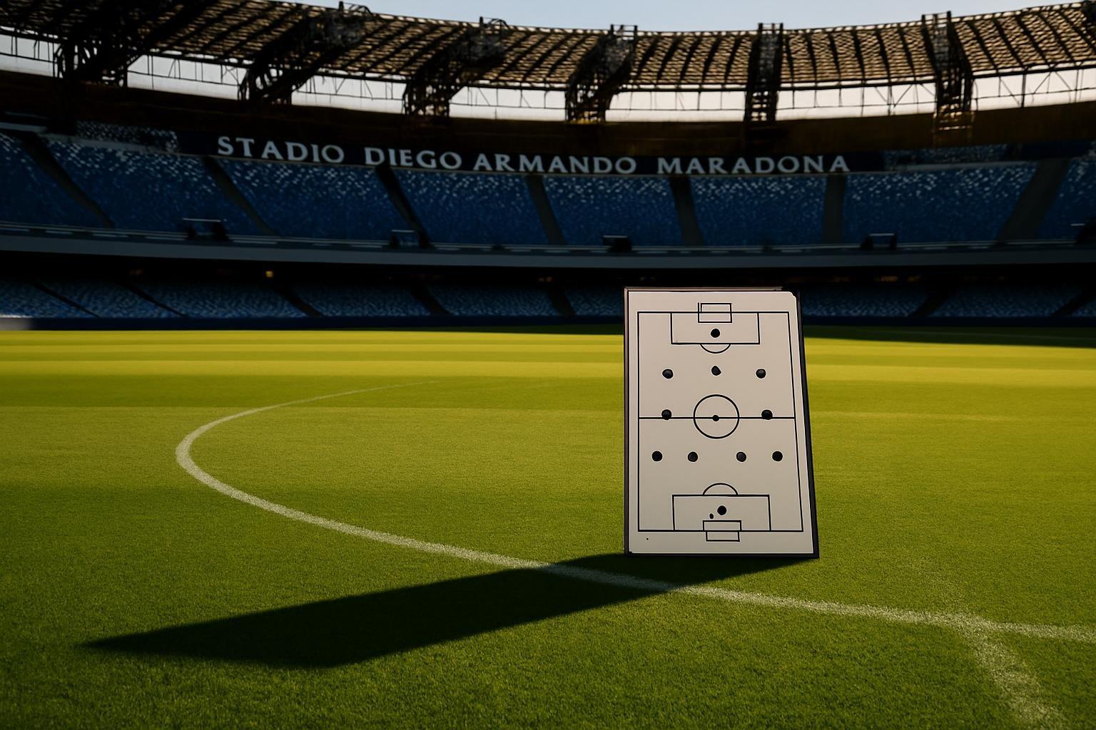 Campo do Estádio Diego Armando Maradona com prancheta tática mostrando o esquema 4-3-3 do Napoli