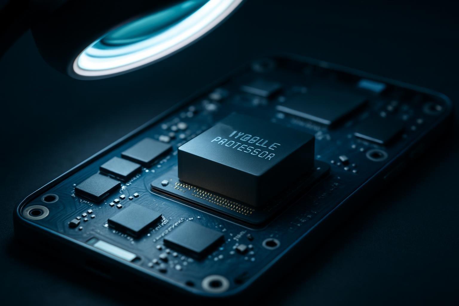 Placa de celular com chip processador móvel em destaque sobre bancada, iluminada por luz fria de lupa