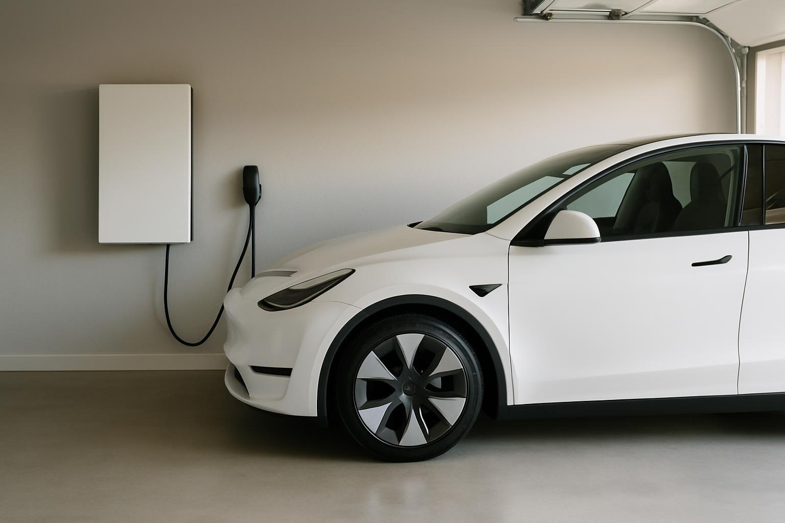 Model Y branco estacionado em garagem residencial ao lado de bateria de parede e carregador de parede