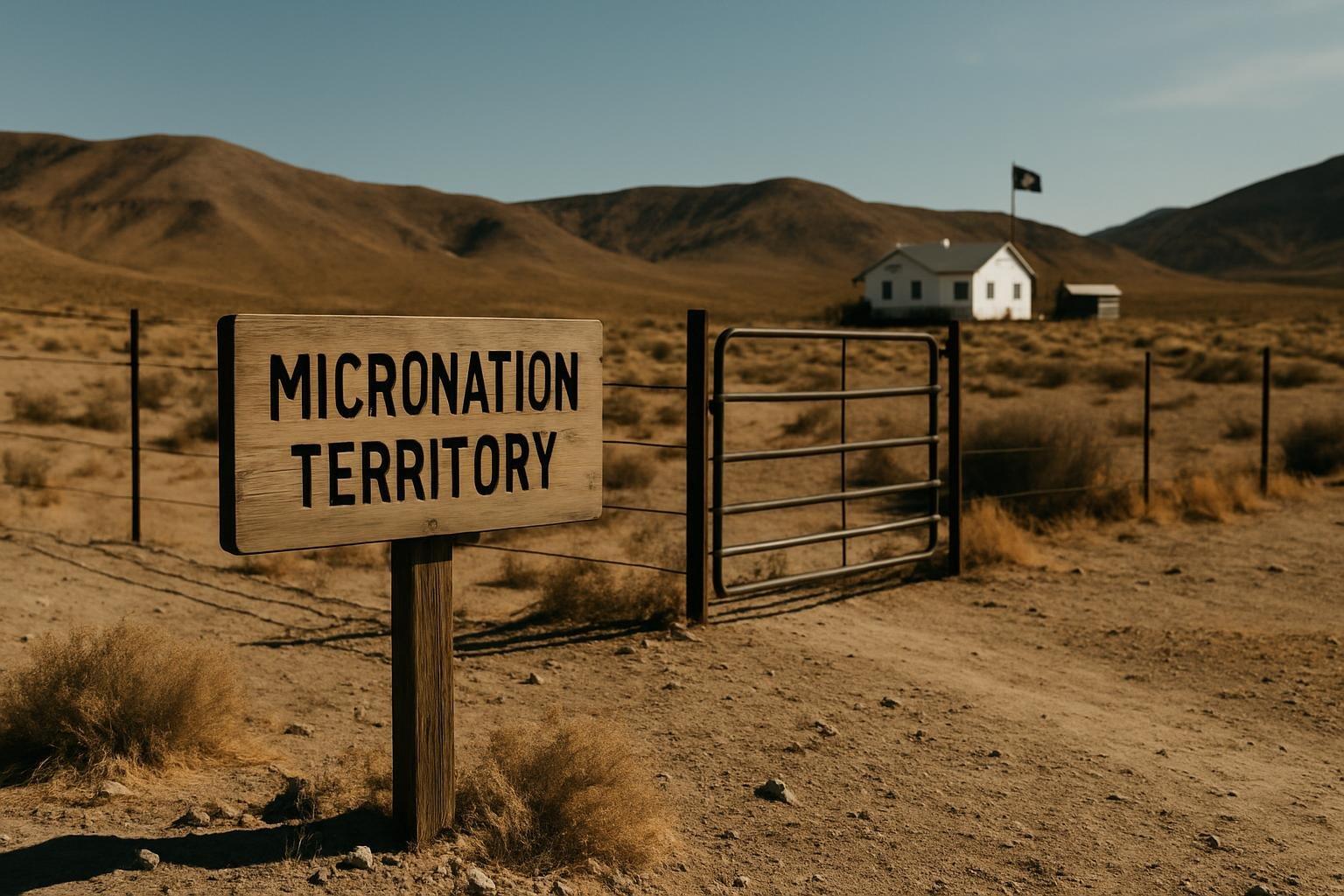 Placa e portão rústicos na entrada de uma micronação no deserto de Nevada, com casa e bandeira ao fundo sob sol forte