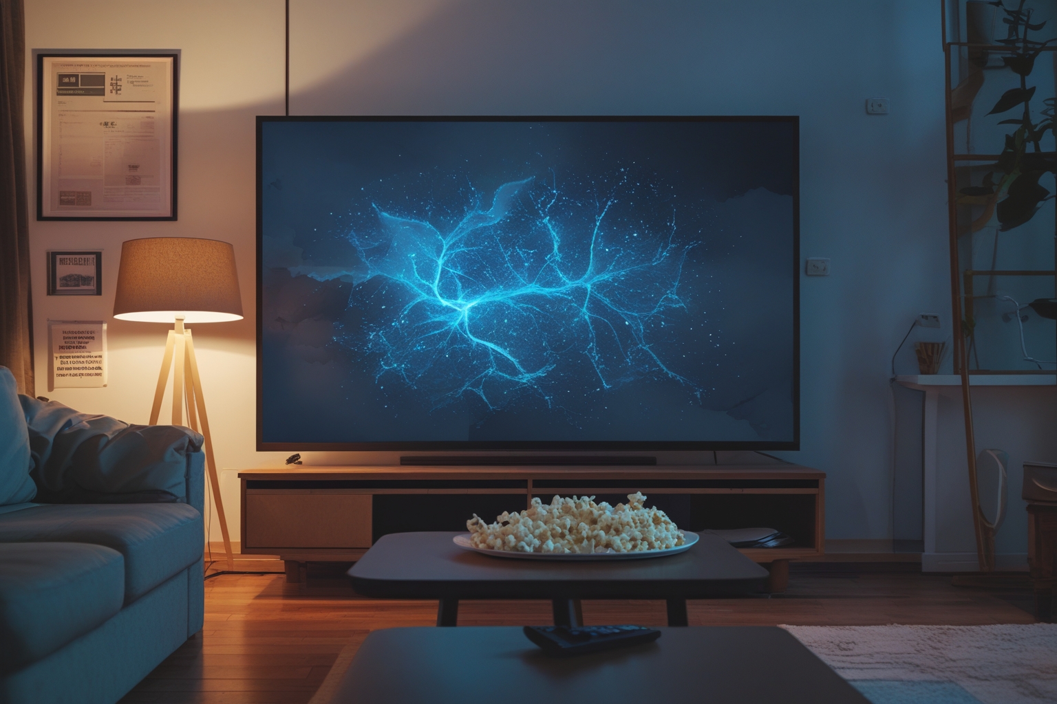 Sala escura com televisão ligada mostrando menu de streaming e controle remoto sobre a mesa com pipoca